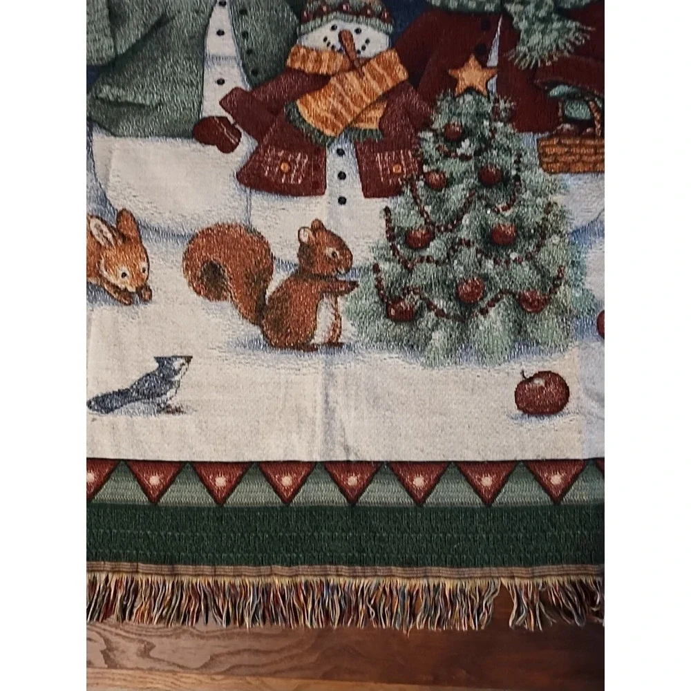 Snowman Winter Blanket Snowflakes Throw Fringed Vintage 51 X 58  2 Throw Pillows
